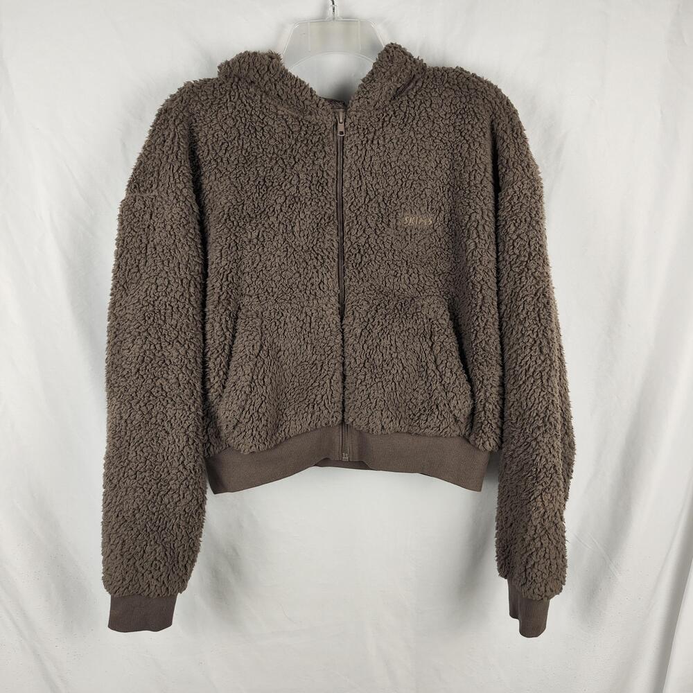 SKIMS Jacket Womens Small Brown Sherpa Fleece Hooded Full Zip Pockets Cozy